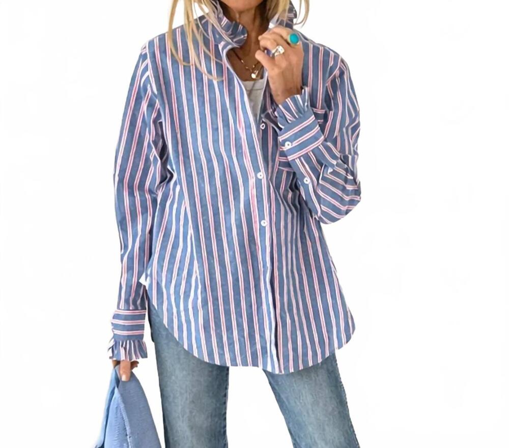NEW KERRI ROSENTHAL mia ruffle striped shirt in blue